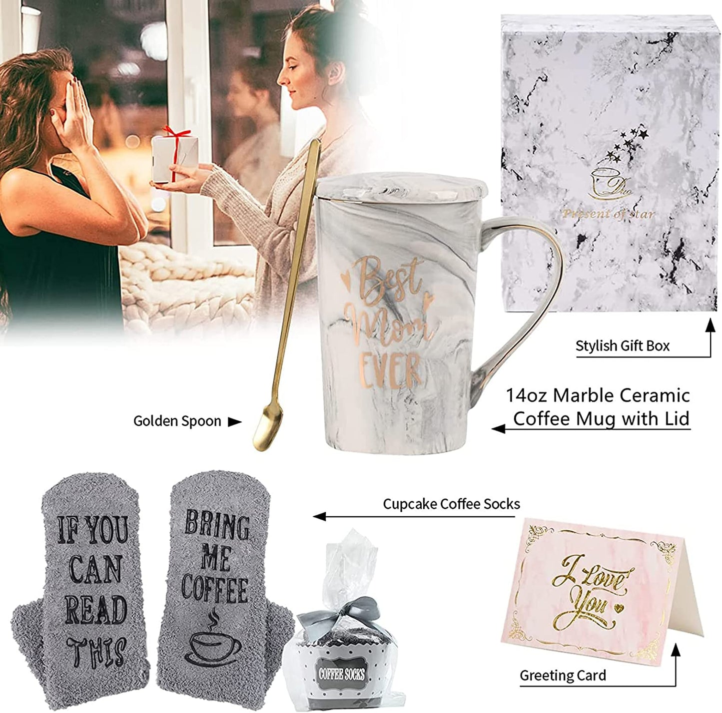 Gifts for Mom Birthday Gifts for Mom Mothers Day Gifts for Mom New Mom Gift for Women Best Mom Ever Christmas Gifts for First Moms 14 OZ Ceramic Coffee Mug Gift Set for Mom (Gray)