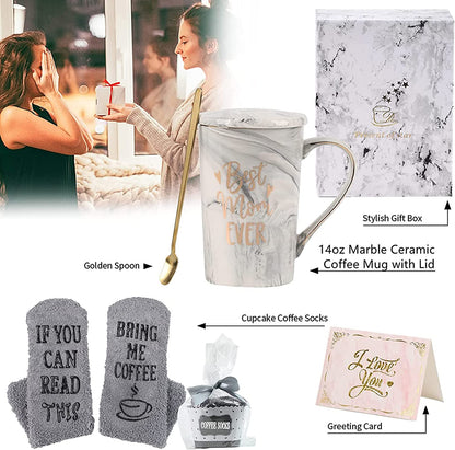 Gifts for Mom Birthday Gifts for Mom Mothers Day Gifts for Mom New Mom Gift for Women Best Mom Ever Christmas Gifts for First Moms 14 OZ Ceramic Coffee Mug Gift Set for Mom (Gray)